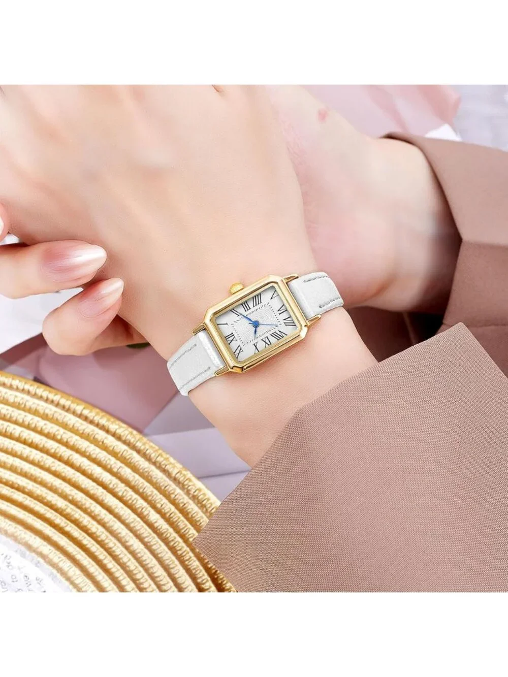 Women's White Gold Leather Strap Elegant Dainty Vintage Rectangle Wrist Watch